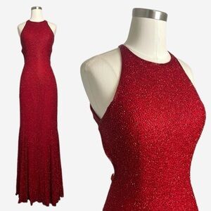 Vintage 90s Cache Gold Label Red silk beaded halter open back maxi gown prom S